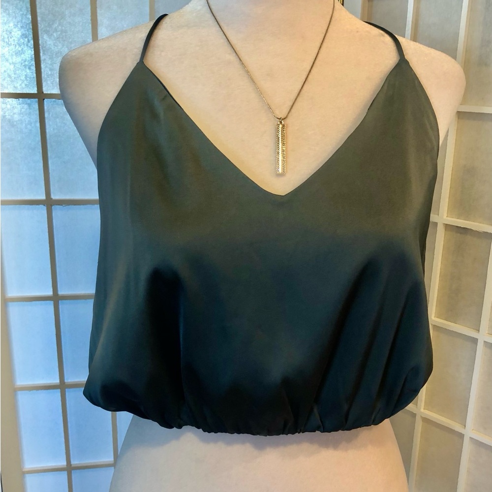 HONEY BUM satin crop top with t back. Like new. Slate blue size L